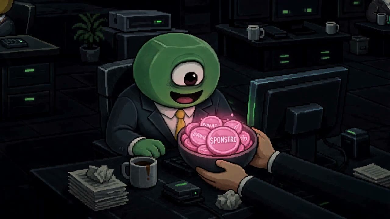 A Ponstro in a suit at a dark desk, being handed a bowl of glowing pink coins by another suited hand.