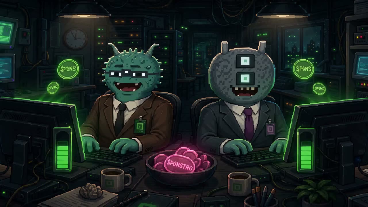 A floor of monsters in suits working the night shift, coins of $PONS rising from their desks.